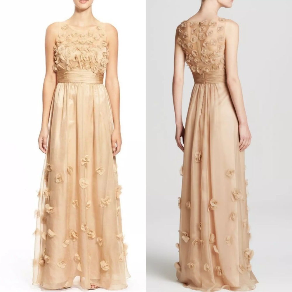JS Collections Floral Applique Chiffon Maxi Evening Gown Dress Champagne Beige 4